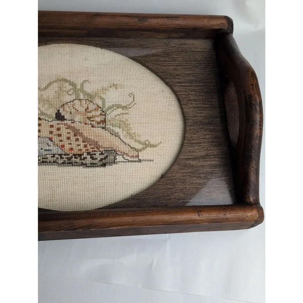 Coastal Seashell Cross-stitch Wood Serving Tray Vintage Cottage